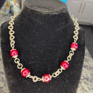 Handcrafted silver and cranberry bead heart link chain collar statement necklace